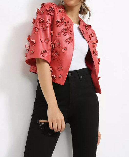 Floral Short Leather Jacket