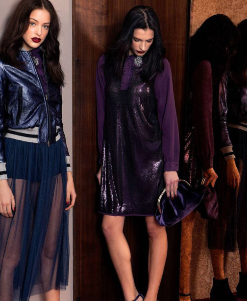 Atos Lombardini Sequined Long Sleeved Dress Aubergine - Image 4