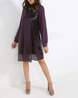 Atos Lombardini Sequined Long Sleeved Dress Aubergine
