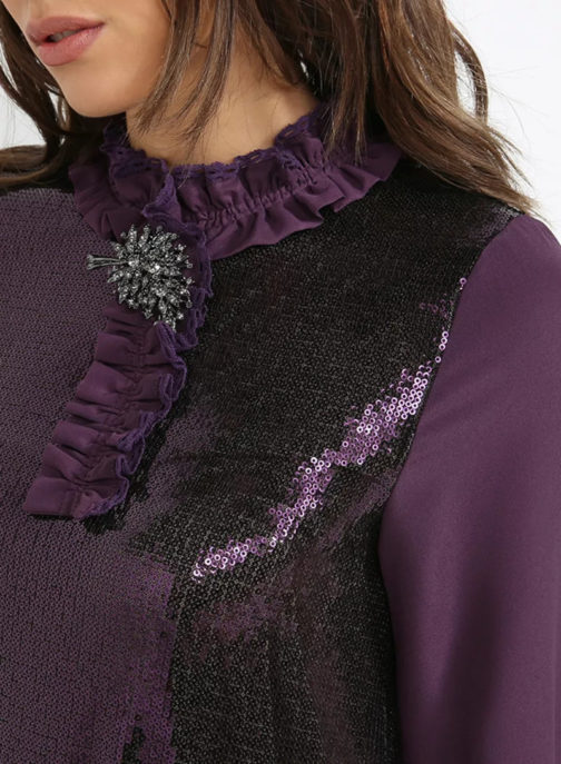 Atos Lombardini Sequined Long Sleeved Dress Aubergine - Image 3